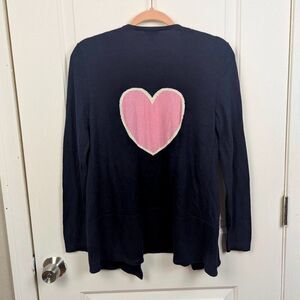 Talbots | Navy Blue Pink Heart Appliqué Open Front Cardigan Size Small